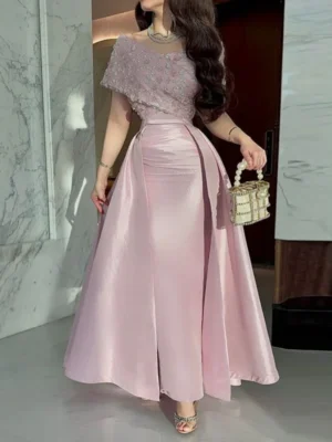 Blush Elegance Off-Shoulder Satin Gown