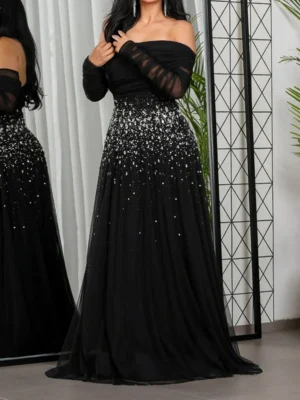 Black Ombre Crystal-Embellished Evening Gown