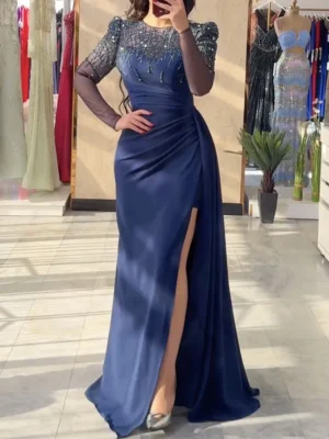 Navy Blue Embellished Evening Gown