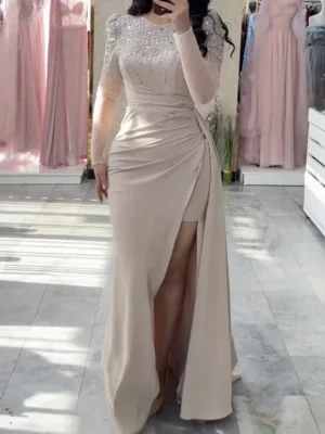 Champagne Beige Embellished Evening Gown