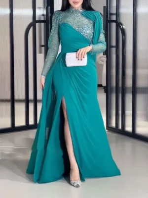Elegant Teal Evening Gown with Sequin Detailing