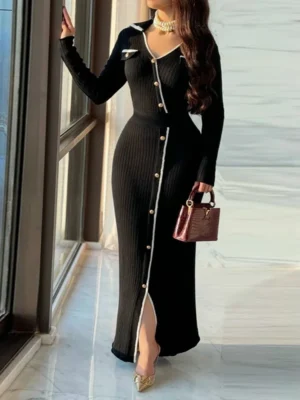 Chic Black Ribbed Knit Button-Down Dress