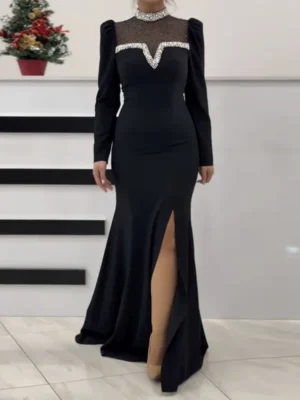 Elegant Black Slit Gown with Embellished Neckline