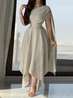 Elegant Asymmetrical Draped Midi Dress