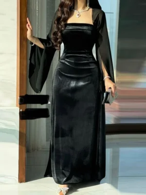 Glossy Black Satin Gown with Sheer Bell Sleeves