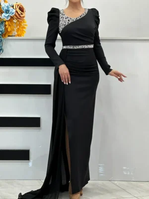 Noir Elegance Crystal-Belt Gown