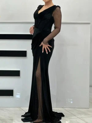 Black Sheer Sleeve Slit Gown