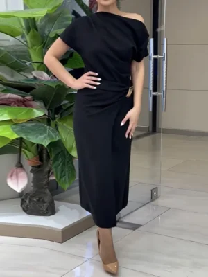 Black Midi Dress with Side Drape