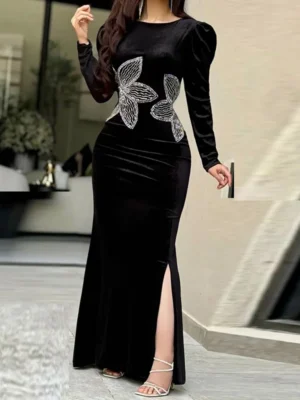 Black Velvet Slit Dress