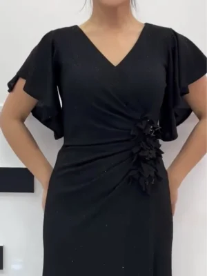 Black V-Neck Dress with Floral Appliqué