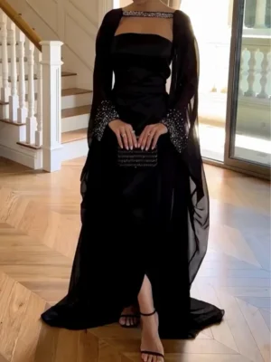 Black Sheer-Sleeve Gown with Embellished Cuffs