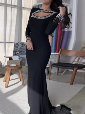 Black Gown with Embellished Neckline and Cuffs