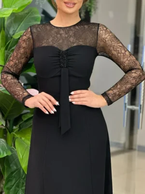 Black Lace-Sleeve Evening Dress