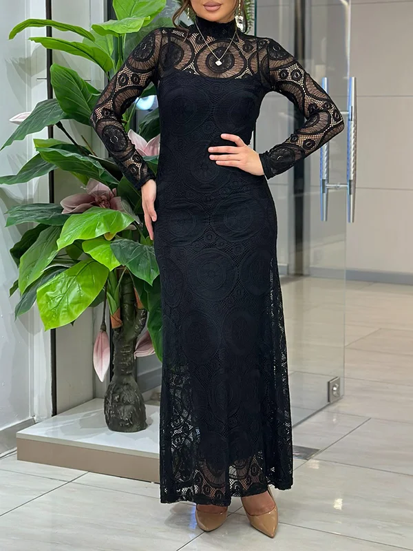 Black Full-Length Lace Dress - Image 3
