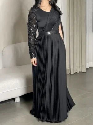 Asymmetrical Black Maxi Dress with Sequin Sleeve