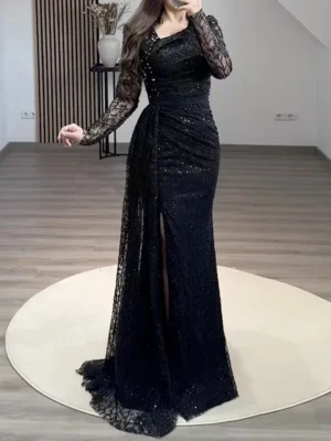 Black Lace Glitter Gown