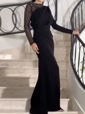 Black Gown with Sequin Sleeve Detail