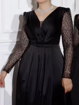 Black Satin Dress with Lace Sleeves