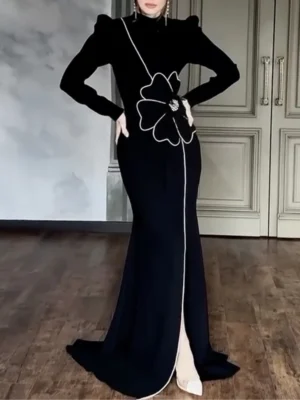 Floral Line Black Gown