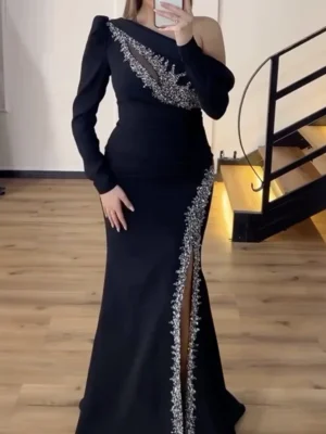 Black Embellished Slit Gown