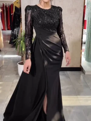 Black Sequin and Satin Evening Gown