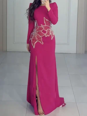 Elegant Fuchsia Floral Embroidered Evening Gown
