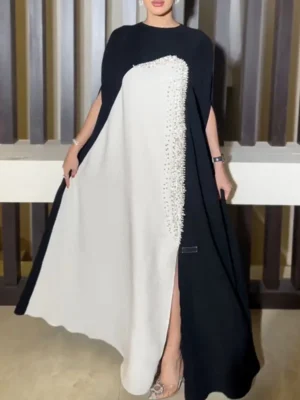 Luxury Black and White Embellished Kaftan