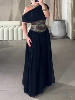 Black Off-Shoulder Gown with Embellished Waist