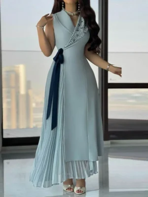 Elegant Sky Blue Pleated Asymmetrical Gown