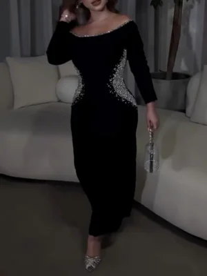 Black Bodycon Abaya with Crystal Waist Detailing