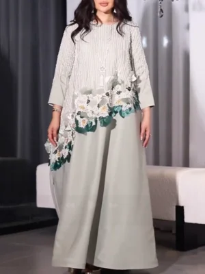 Soft Gray Floral Embroidered Abaya