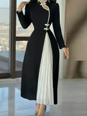 Black Midi Dress with Pleated Contrast