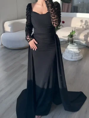 Black Evening with Lace Sleeves & Draped Train