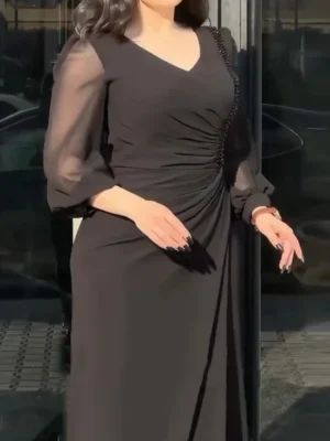 Black Ruched Abaya with Sheer Sleeves