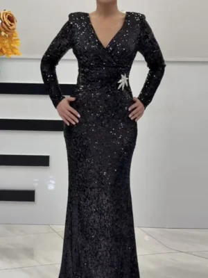 Black Sequin Gown with Embellished Waist