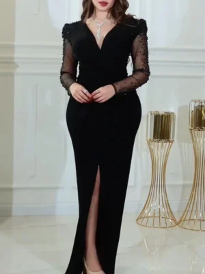 Elegant Black Sheer Sleeve Evening Gown