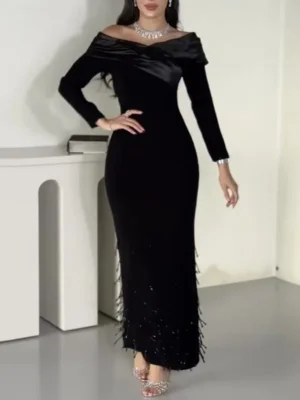 Black Velvet Gown with Feathered Hem
