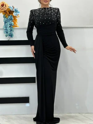 Black Draped Gown with Pearl Embellishments