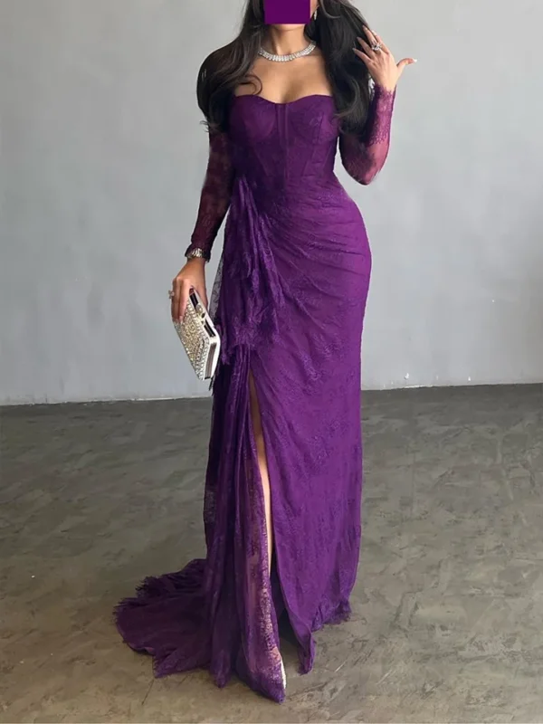Royal Amethyst Lace Evening Gown - Image 2