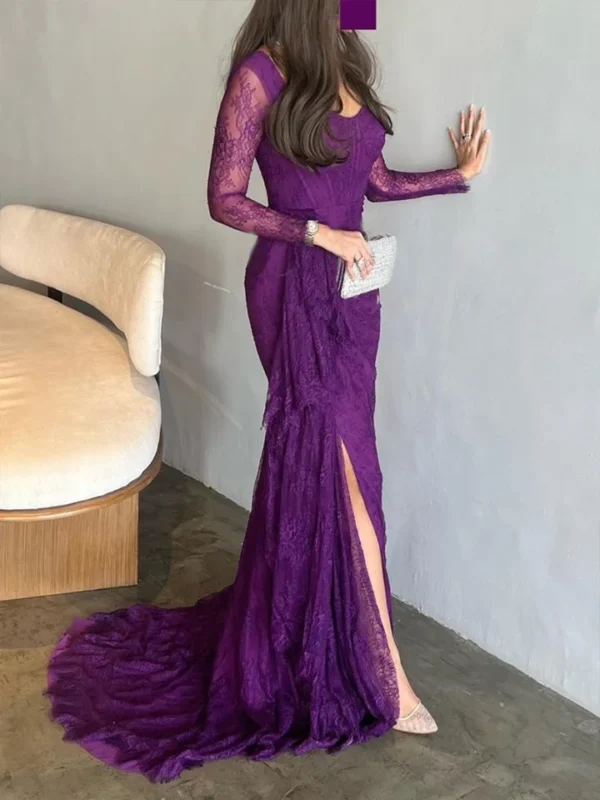Royal Amethyst Lace Evening Gown - Image 3
