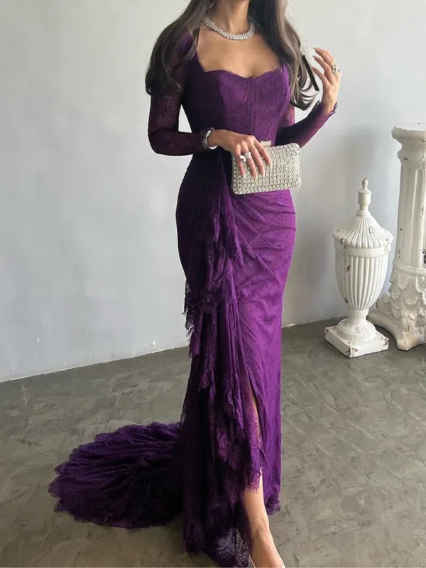 Royal Amethyst Lace Evening Gown - Image 4