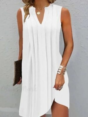White Pleated V-Neck Dress