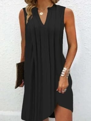 Black Pleated V-Neck Dress