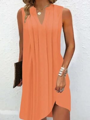 Coral Pleated V-Neck Dress