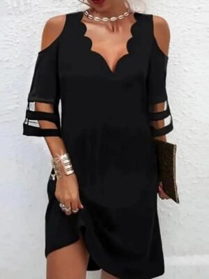 Black Cold Shoulder Scallop Dress