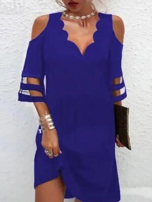 Royal Blue Cold Shoulder Scallop Dress