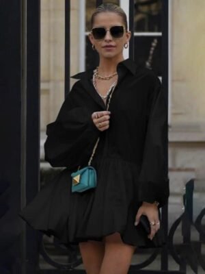 Black Balloon Sleeve Mini Shirtdress