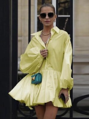 Lemon Balloon Sleeve Mini Shirtdress