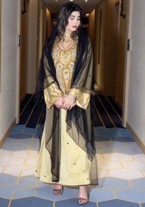 Champagne Embellished Long Dress with Shawl