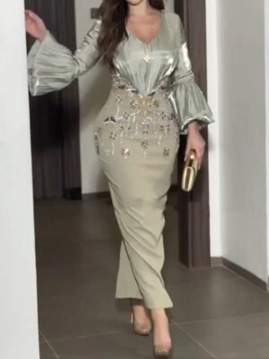 Sage Embellished Bell Sleeve Gown